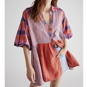 NEW Free People Moon Bay‎ Mixed Plaid Top, S